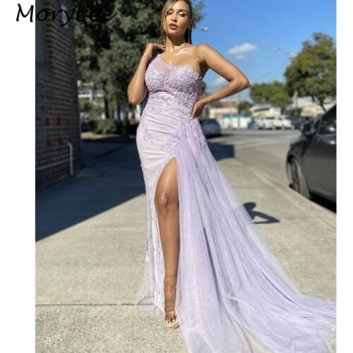 Sexy Evening Dresses One Shoulder Side Slit Soft Tulle Lace Crystal Evening Dresses With Zipper Back vestidos de fiesta de noche