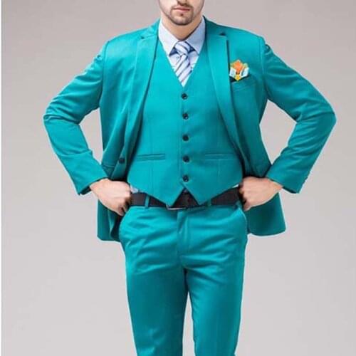 Groom Tuxedos Notch Lapel Mens Suits Turquoise Bridegroom Wedding Dinner Best Man Suits (Jacket+Pants+Tie+Vest)