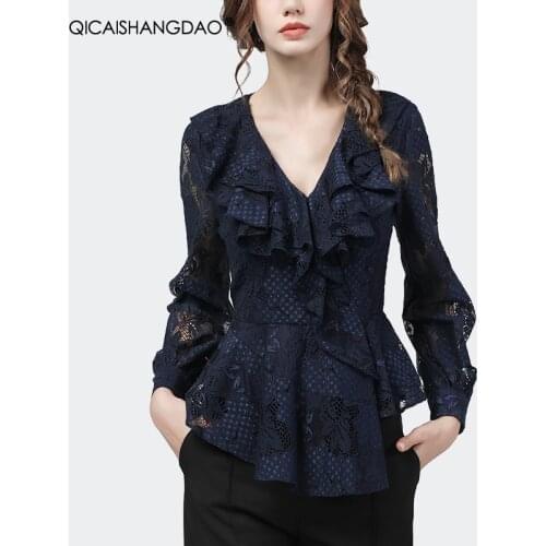 Dark Blue Ruffles V-Neck Lace Blouses Hollow Out Floral Design Long Sleeve Elegant Slim Ladies Autumn Tops Casual Office Shirts