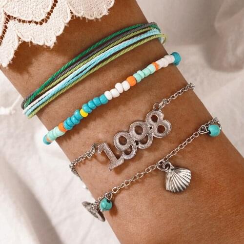 Tocona 4pcs/sets Colorful Beaded Bracelets for Women Charms 1998 Letter Shell Rope Bangle Alloy Metal Adjustable Jewelry 18032