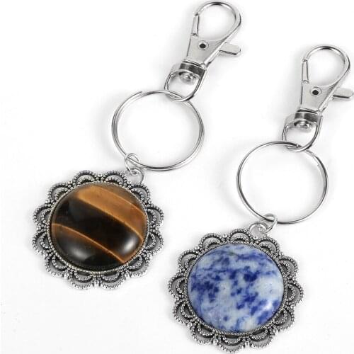 Vintage Silver Color Flower Statement Round Natural Stone Keychain Tiger Eye Stone Crystal Key Chains Men Women Birthday Gifts