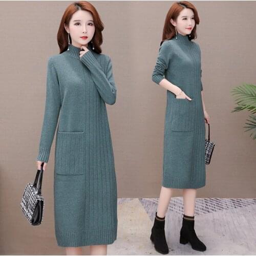 Turtleneck Base Sweater Dress 2020 Autumn and Winter New Korean Loose Mid-length Thick Knitted Dress Women Long pullovers y160
