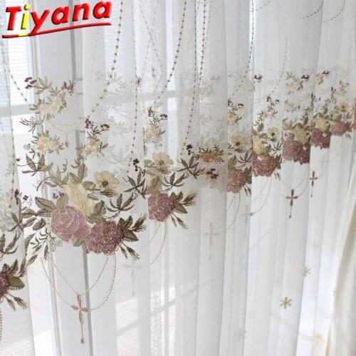 Embroidered Flower Tulle Curtains for Living Room Wedding Tulle Curtains for Bedroom Pink/Blue Elegant Window Screening M063#30