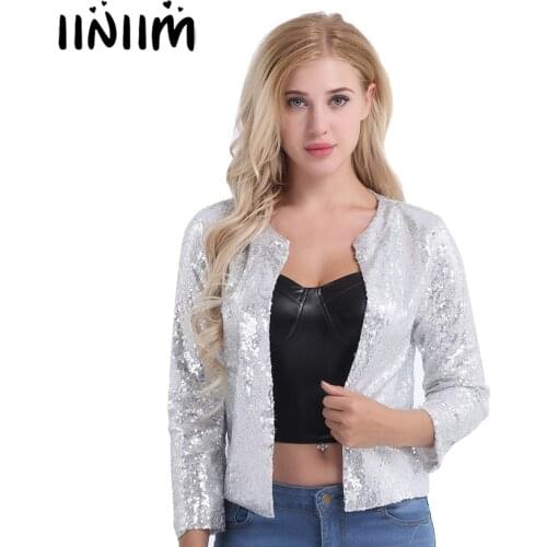 Women Long Sleeve Fashion Jackets Shiny Sequins Open Front Cardigan Female Office Ladies Work Formal Slim Blazer Jacket Coat