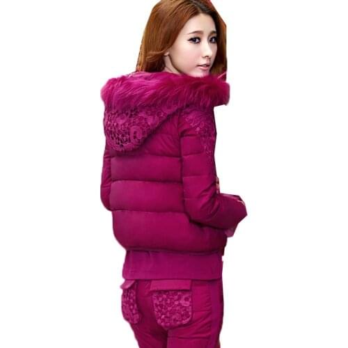 3 PC Set Woman Parkas Female Overcoat Down Cotton Hooded Suits Coat+Vest+Pants Women Winter Jacket fur collar Snowsuit 2019