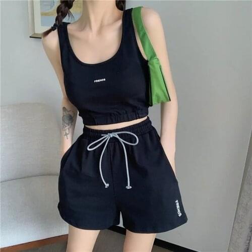 Casual Solid Sportswear Two Piece Sets Women 2021 Crop Top And Drawstring Shorts Matching Set Summer Girl Suit jogging Clothing