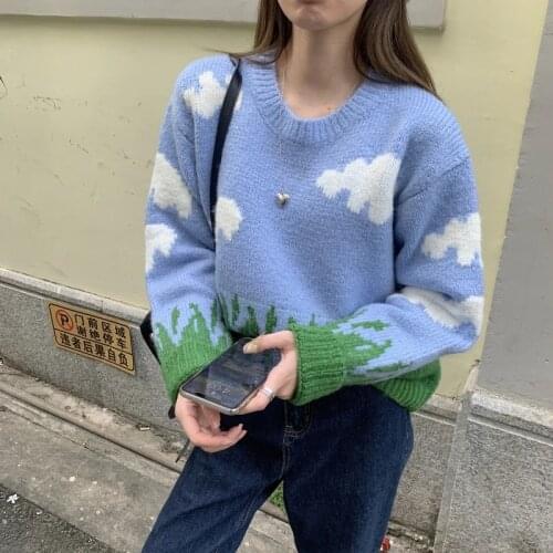 2021 Scenery Print Knitted Sweater Women Round Neck Warm Loose Pullovers Long Sleeve Cloud Grass Print Streetwear Pullover Tops