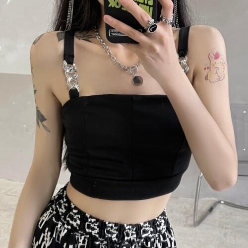 Zoki Fashion Chain Women Crop Tops Black Sexy Gothic Camis Summer Slim Streetwear Stretch Y2k Female Tank Bustier Tops New 2021