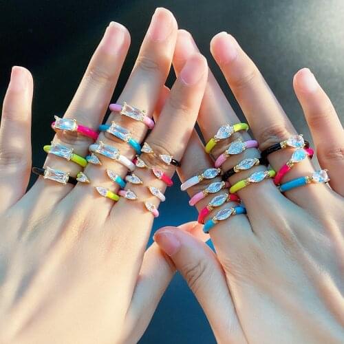 Candy Color Enamel Dripping Oil Zircon Ring For Women,Copper Gold Plated Adjustable Open Rings Party Jewelry Gift