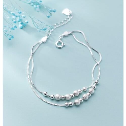 100% real. 925 Sterling silver Fine Jewelry double rows Brushed &Polished round ball beads GEOMETRIC Bracelet GTLS606