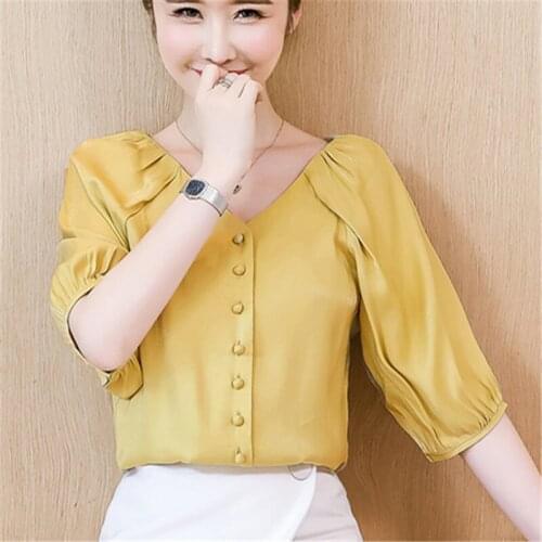 2019 Tops Para As Mulheres Roupas Chiffon Lanterna Manga Curta Camisa Com Decote Elegante Senhoras Blusas Femininas Casuais