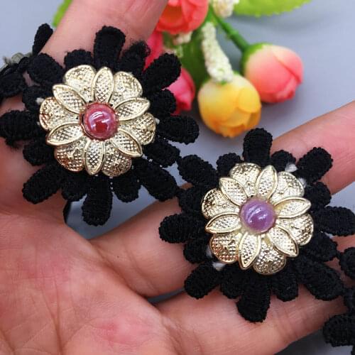 20x Nigerian Fabric Black Daisy Flower Rhinestones Lace Trim Ribbon Embroidered Vintage Applique DIY Wedding Dress Sewing Craft