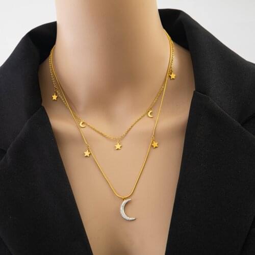 316L Stainless Steel New Fashion Upscale Jewelry 2 Layer Many Stars Moon Zircon Charms Chain Choker Necklaces Pendants For Women