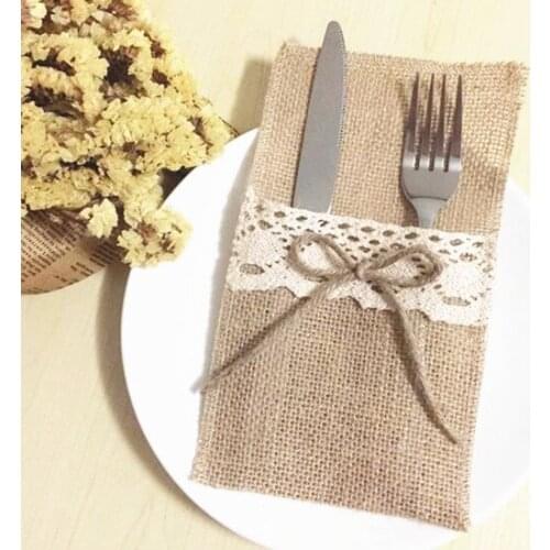 Free shipping wholesaler of 50 pieces of Lace linen tableware bag holiday wedding knife fork bag red wine bag