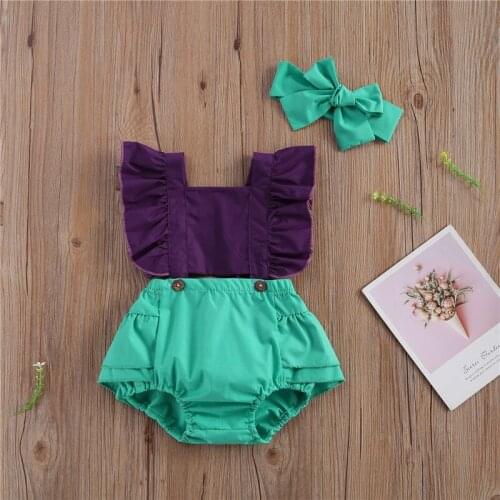 Baby Summer Outfits Square Color Ruffled Romper Bowknot Headband Suit for Toddler Girls Clothes 0-2 Years