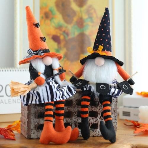 Halloween Long Hat Long Leg with Broom Dwarf Doll Creative Faceless Doll Decoration Desktop Decoration