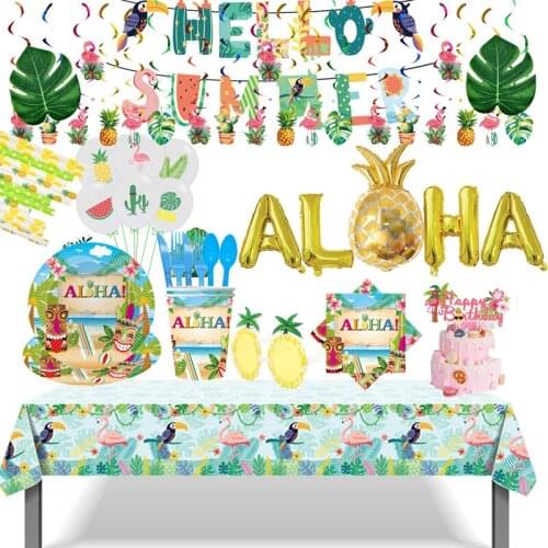 Hawaiian Aloha Plates Cups Napkin Paper Flamingo Birthday Party Supplies Palm Leaves Bunting Tropical Party Wedding Decoration