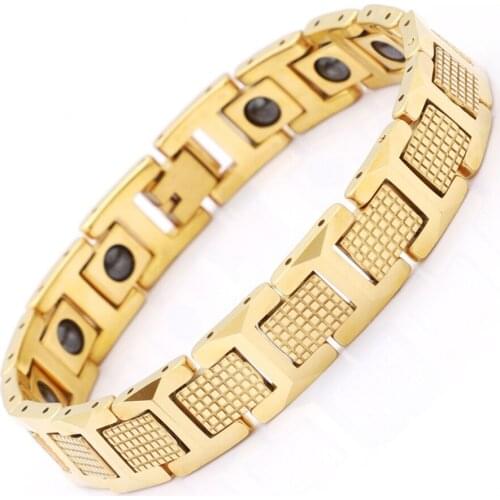 High Polished Gold 316L Stainless Steel Man Biker Bracelets With Black Germanium Stone Magnet Health Men Women Bracelet 12mm