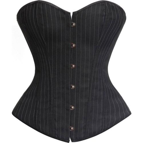 Sexy Black Striped Boned Lace up Overbust Corset and Bustier for Women Office Lady Style Lingerie Top