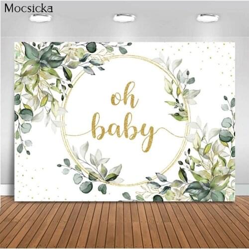Mocsicka Oh Baby Background Green Leaves Decoration Style Baby Shower Photo Background Photography Banner