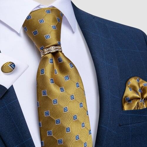 Blue Dot Gold Plaid Ties For Men Luxury Tie Ring Business Formal Wedding Tie Pocket Square Cufflinks Gravatas Men Gift DiBanGu