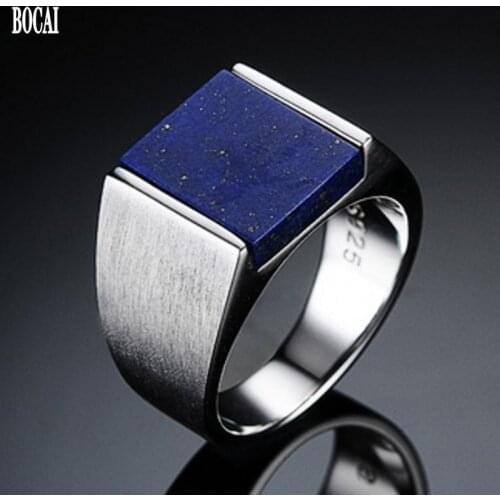 BOCAI New 100% Pure S925 silver mens ring inlaid with natural lapis lazuli rings for Man Korean fashion domineering