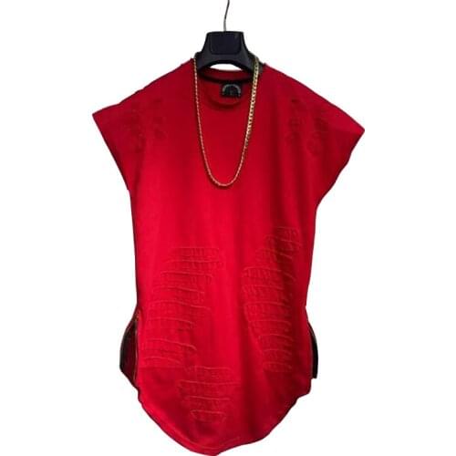 Newest 2020 Mens Curved Hem Ripped Tee Shirts Fashion Destroyed Extended Zipper T Shirt Streetwear Longline T Shirts