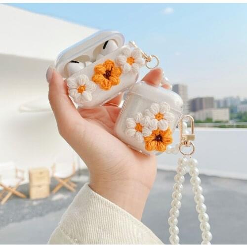 Knitted Flowers Transparent TPU Case Anti-scratch Protective Cover Pearl Bracelet Protector for Airpods Earphone Charging Box