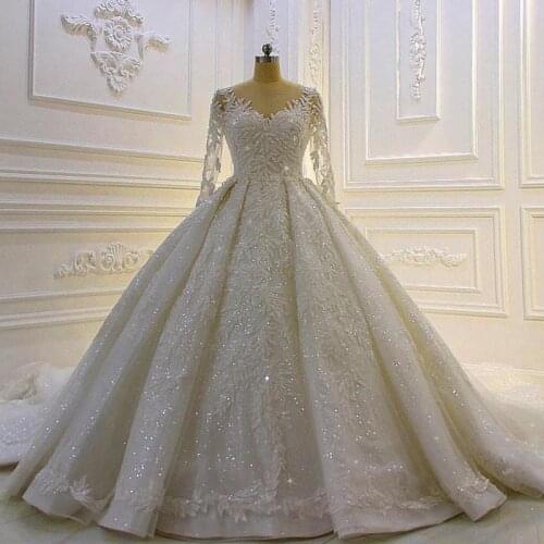 Real Image Long Sleeve Open Back Saudi Arabic Ball Gown Wedding Dress Sparkly Crystal Tulle Appliques Lace Dubai Bridal Gown