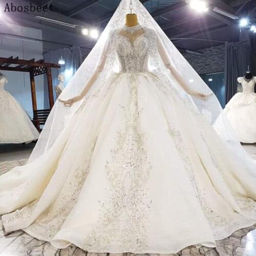 Luxury Beads High Collar Plus Size Wedding Dress 2021 Tassel Shoulder Short Sleeve Ivory Robe Mariee Puffy Bridal Gown