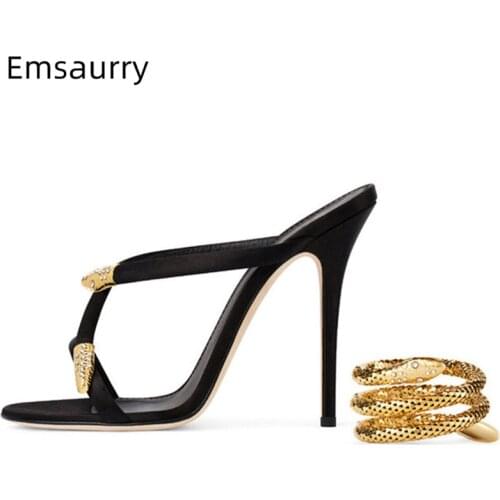 Gold Snakelike Ankle Strappy Gladiator Sandals Women Thin High Heel Open Toes Metal Decor Women Shoes Sexy Summer Party Shoes