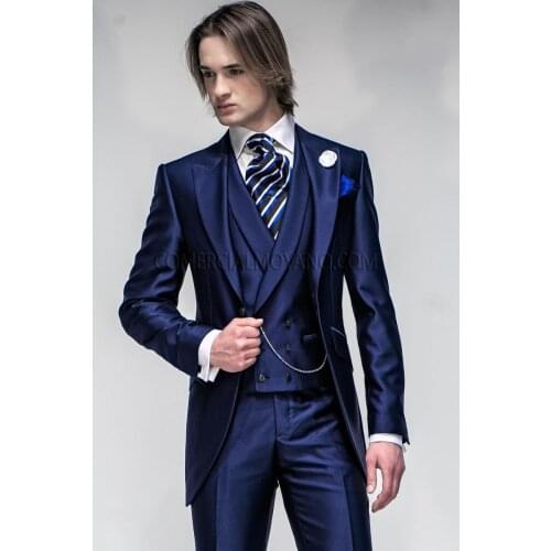 New Arrival Groom Tuxedo Navy Blue Groomsmen Peak Lapel Wedding/Dinner Suits Best Man Bridegroom (Jacket+Pants+Tie+Vest)B365