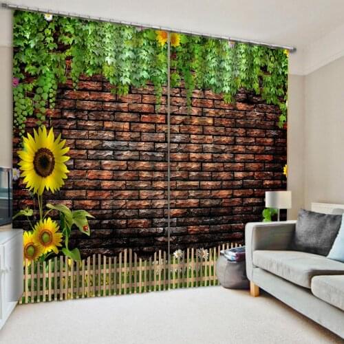 Modern custom finished curtains small fresh and simple style grey brick yellow sunflower blackout curtains