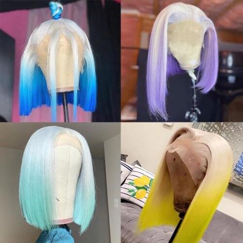 #T Grey Purple Blue Yellow Cyan-Blue Colored Wigs Bob Wig Lace Front Human Hair Wigs For Women Bob Frontal Wigs Lace Front Wig