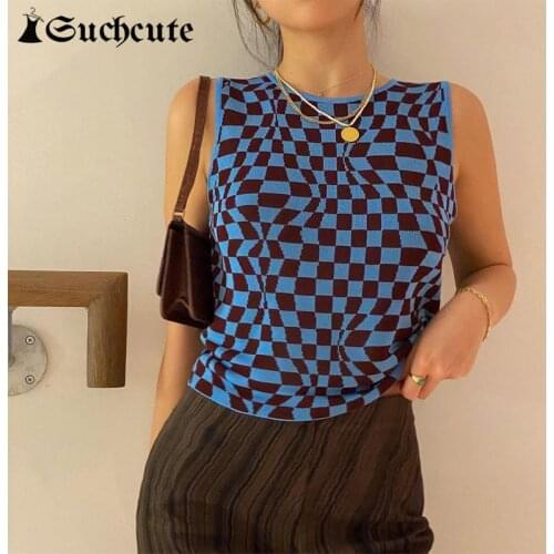 SUCHCUTE Vintage Plaid Print Y2K Sweater Vest For Women Streetwear Fashion Sleeveless Fitness Knitwear 2021 Summer Gothic Tops