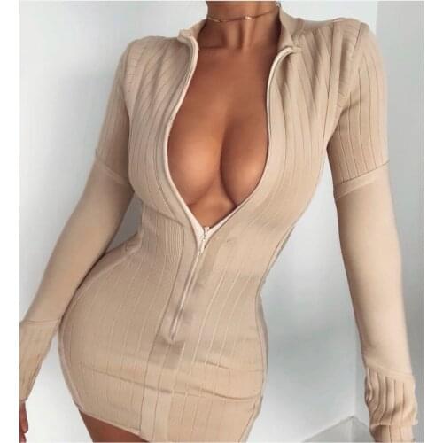 2020 Winter New High Quality Womens Mini Long Sleeve Bodycon Bandage Dress Sexy V-neck Zipper Celebrity Runway Party Dresses