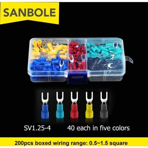 200pcs/box Cold-pressed Insulated Terminal Connector 19A U-shaped Copper Nose Wiring Connection SV1.25-4