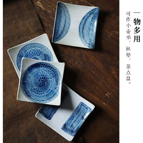 Handmade coaster blue and white Pisces coarse pottery cup holder tea tray small pot bearing tea ceremony accessories