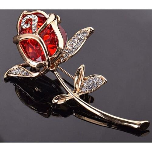 Shiny Zirconia Rose Flower Brooches Pins Red Black Crystal Dress Accessories Fashion Party Jewelry Gifts for Women