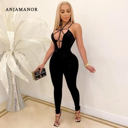 ANJAMANOR Sexy Hollow Out Deep V Neck Halter Bodycon Jumpsuit Women Going Out Outifts To The Club Black One Piece Romper D42CH27