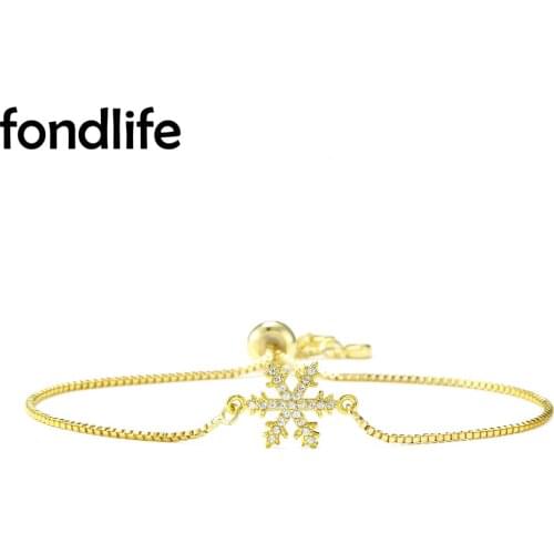 Shiny AAA Cubic Zirconia Crystal Hexagonal Snowflake Charm Bracelet Women Gold-plated Copper Chain Pull Nature Flake Jewelry Her