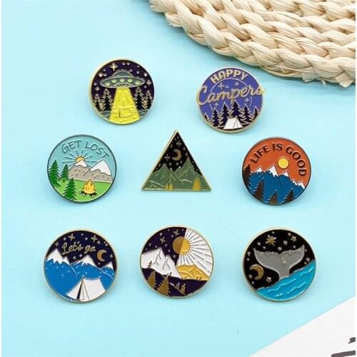 Beautiful Outdoor Scenery Mountain Peaks Pine Trees Snow Mountains Alloy Brooch Pins Creative Starry Skyship Fishtail Badges