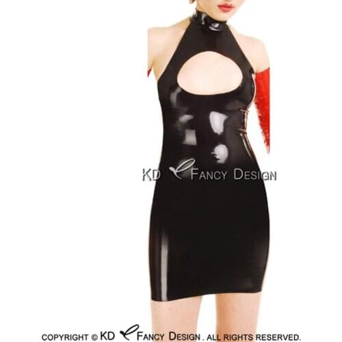 Black Sexy Sleeveless Latex Dress With Buttons At Neck Open Front Rubber Bodycon Playsuit Plus Size LYQ-0101