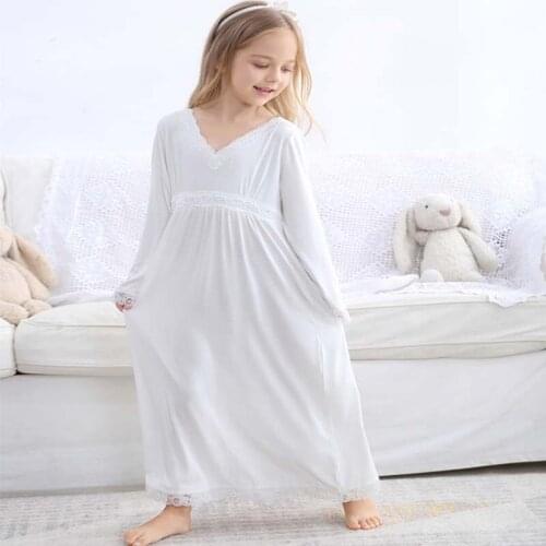 Girls Nightdress Autumn Summer V-Neck Nightgown Kids Princess Cotton Night Dress Vintage Lace Sleeping Dress 2-12y