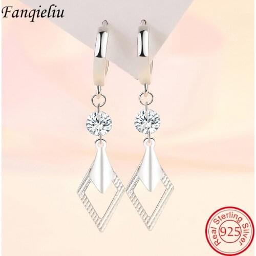 Fanqieliu Real 925 Sterling Silver Drop Earrings For Women Medium Length Square Crystal Earing Dangle Jewelry Gift Girl FQL21346