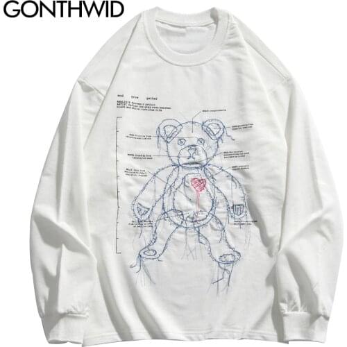GONTHWID T-Shirts Harajuku Embroidery Bear Long Sleeve Tshirts Streetwear Hip Hop Casual Loose Tees Mens Fashion Hipster Tops