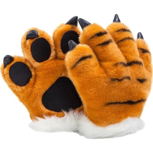 Simulation Tiger Paw Plush Gloves Striped Fluffy Animal Stuffed Toys Padded Hand Warmer Halloween Cosplay Costume Mitten