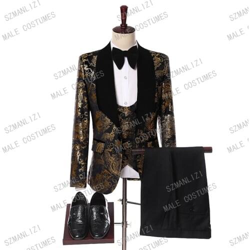 Costume Homme 2019 New Design Brand Christmas Suit With Pant 3 Piece Paisley Slim Fit Groom Dress Blazers Men Suit For Wedding