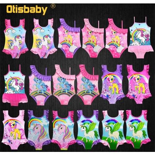 New Cute Girls Unicorn Swimwear Girls Pony Printed One Piece Swimsuit Children Halter Swimwear Summer Bikini Unicorn Headband