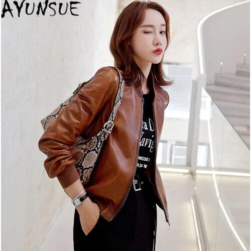 AYUNSUE Real Genuine Leather Jacket Women Spring Autumn Casual Sheepskin Coat Streetwear Slim Korean Bomber Jackets Woman 2021